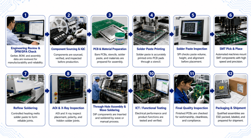 PCB assembly manufacturing process with inspection and functional testing