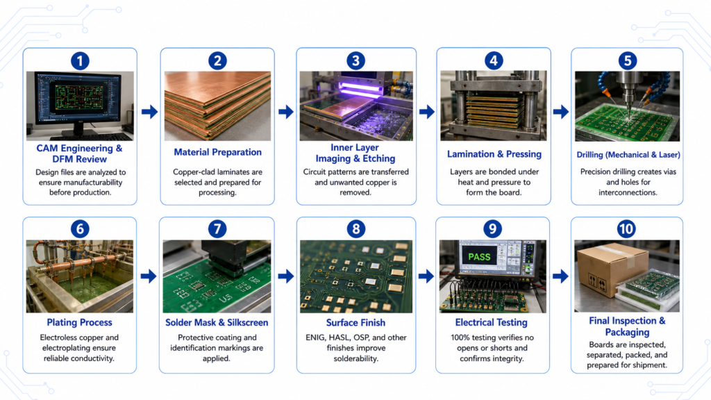 PCB fabrication process from Gerber file review to final shipment
