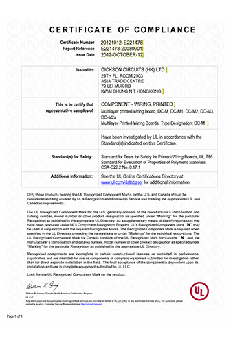 UL certificate of compliance for printed circuit board manufacturing